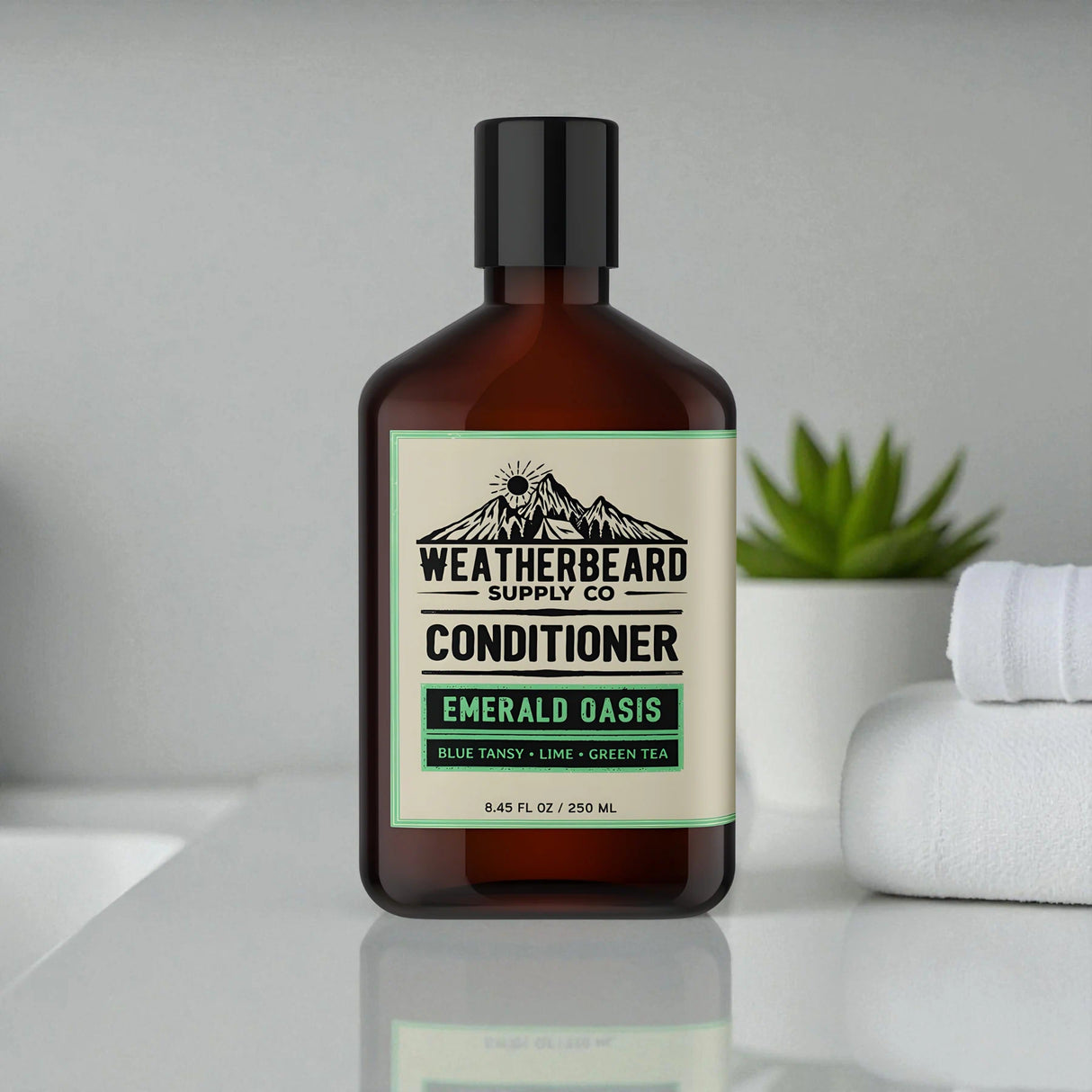 A bottle of Weatherbeard Beard Conditioner Sitting On A White Bathroom Counter with A Succulent in the Backgorund