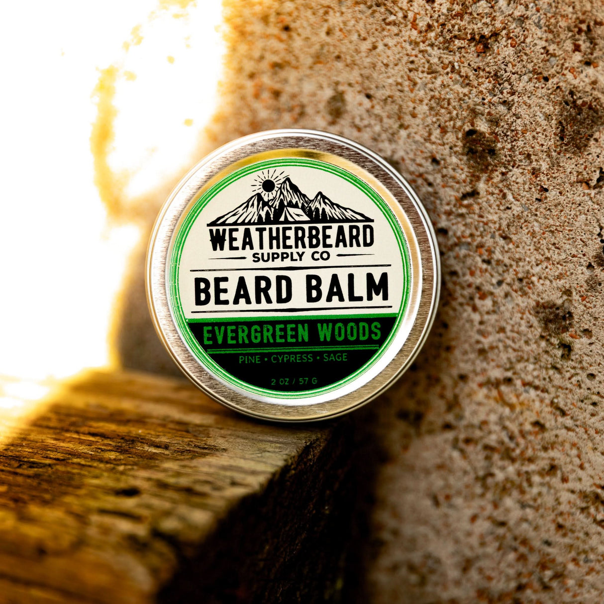 Up close image of Evergreen Woods Beard Balm with notes of pine, cypress, and sage