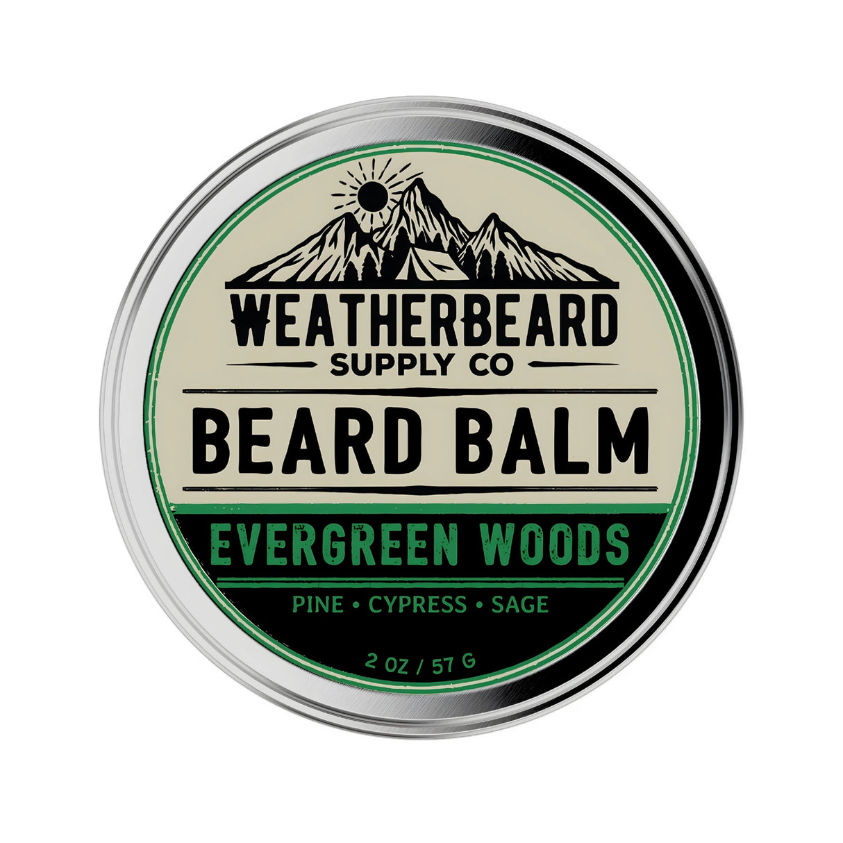 Tin of Weatherbeard Supply Co Evergreen Woods Beard Balm against a white background
