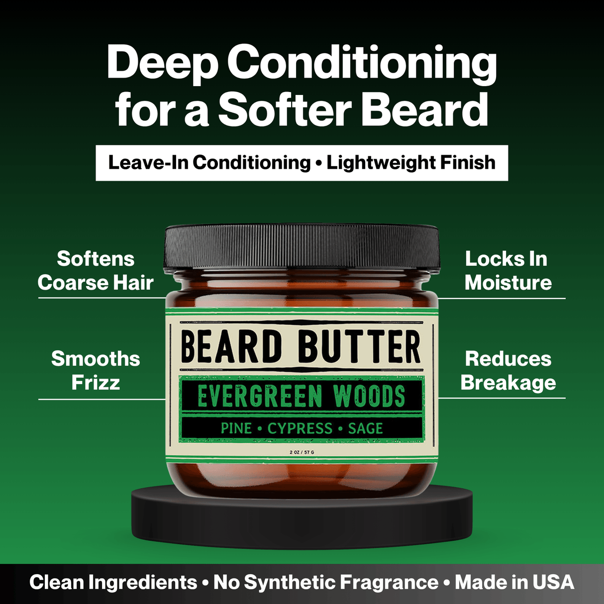 Jar of Evergreen Woods Beard Butter with benefits listed on a green gradient background