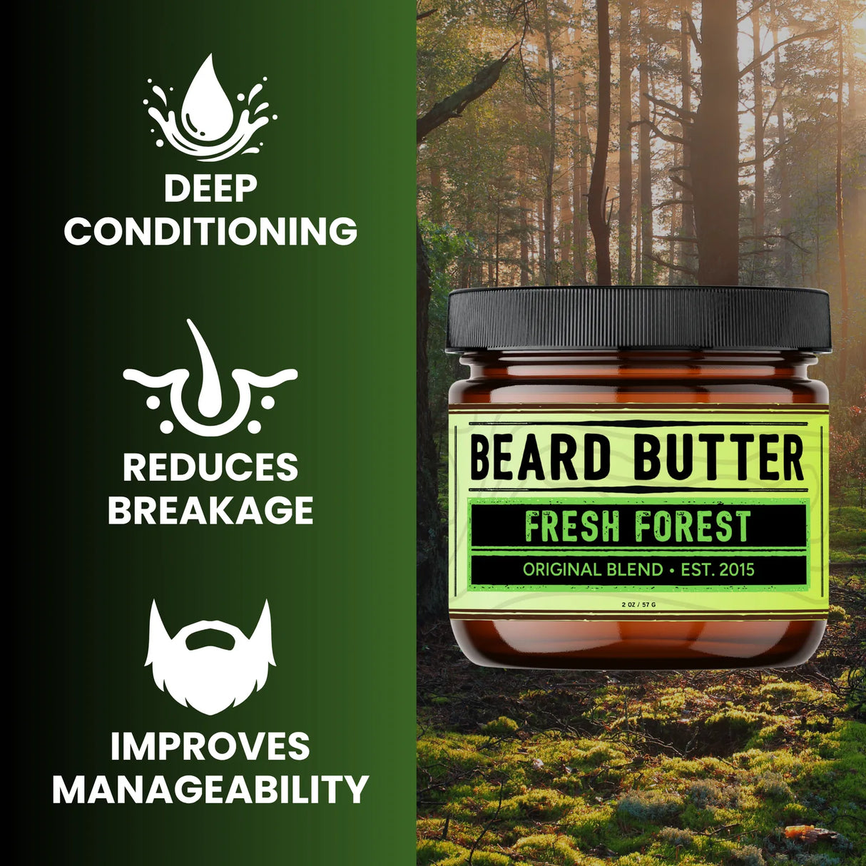 Jar of 'Fresh Forest' beard butter with forest background and product benefits text.