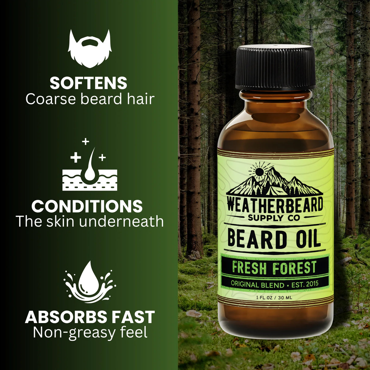 Bottle of Weatherbeard Supply Co. Fresh Forest Beard Oil with product features on a green background