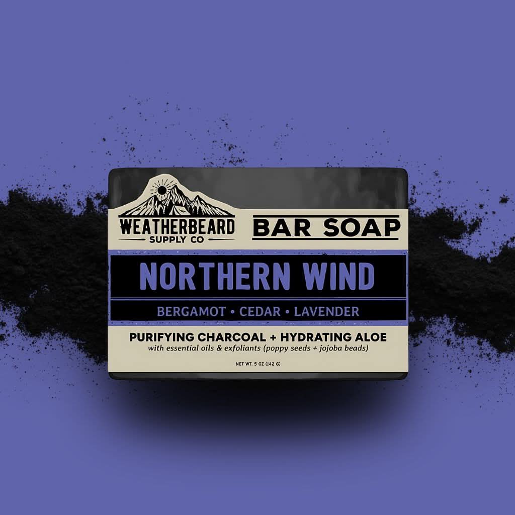 Bar soap with 'Northern Wind' label on a purple background