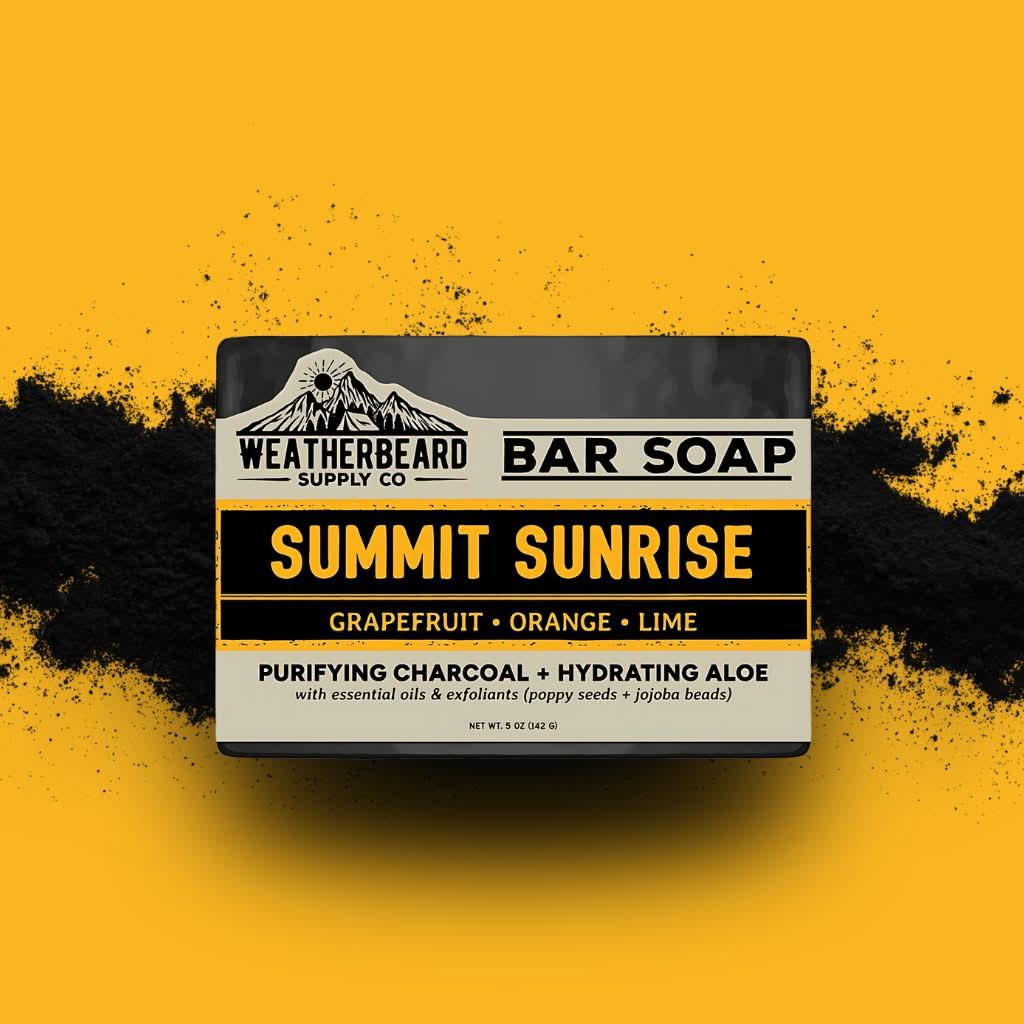 Bar soap packaging with 'Summit Sunrise' on a yellow background