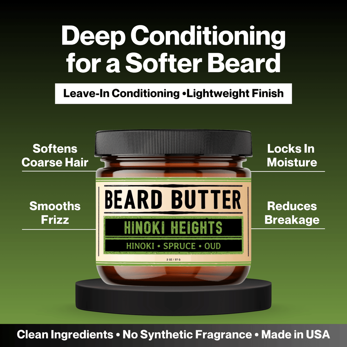 Jar of Hinoki Heights Beard Butter with text highlighting its benefits on a green background