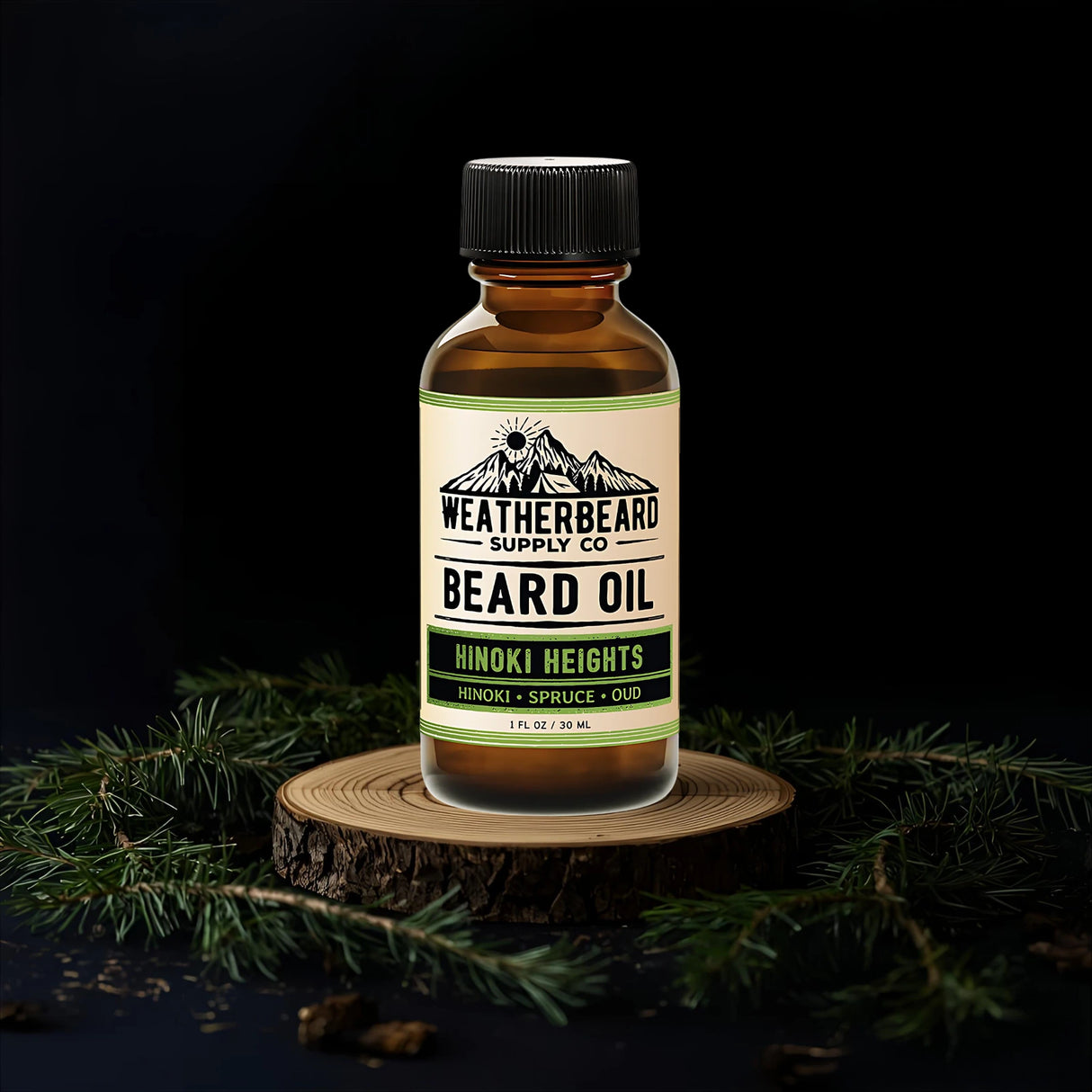 Bottle of Weatherbeard Supply Co. beard oil on a dark background with greenery.