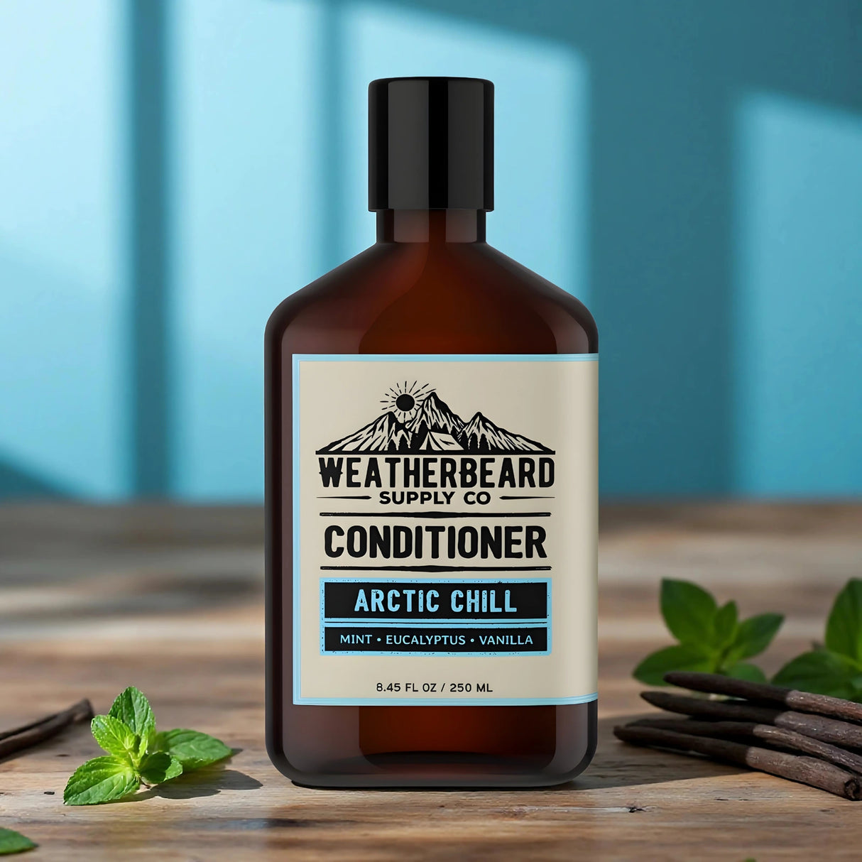 Bottle of Weatherbeard Supply Co. Arctic Chill beard conditioner on a wooden surface with mint leaves.