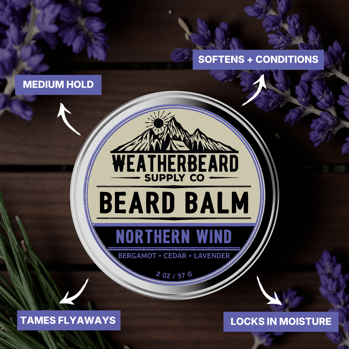Weatherbeard Supply Co. Northern Wind Beard Balm container with lavender and mountain design on a wooden background.