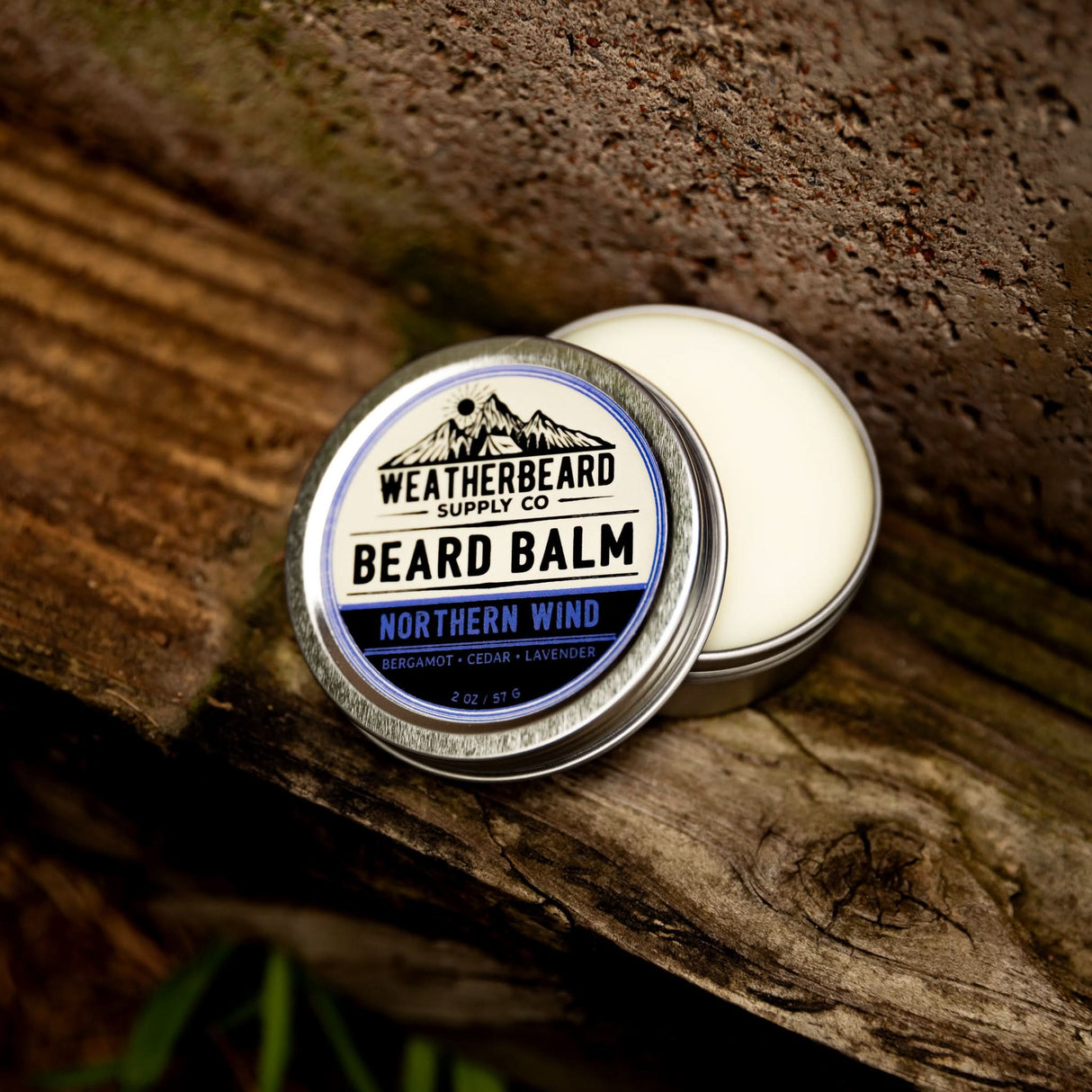 Open container of Northern Wind Beard Balm by Weatherbeard Supply Co