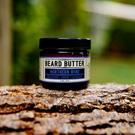 Closeup of Weatherbeard Supply Co Northern Wind Beard Butter Packaging
