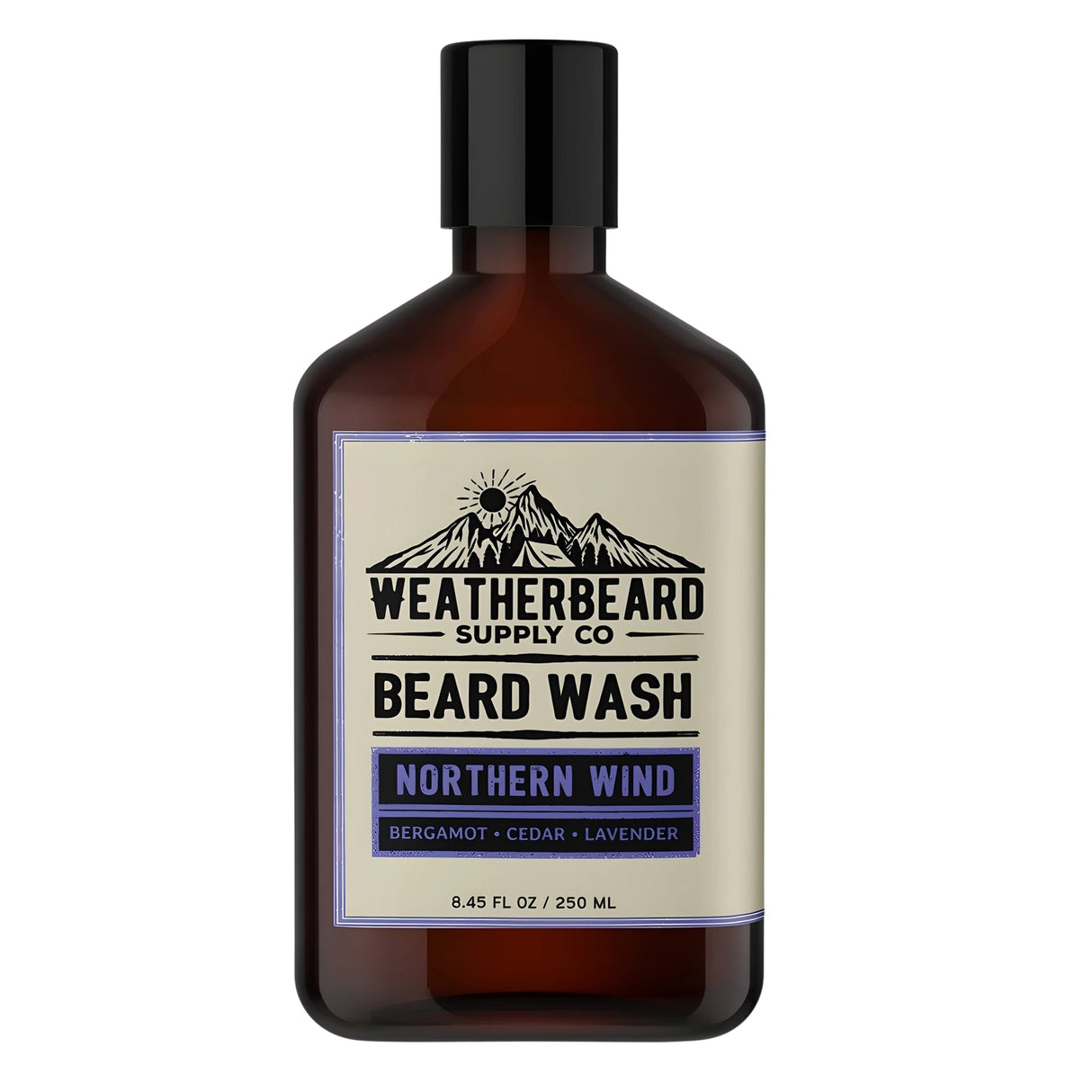 Bottle of Weatherbeard Supply Co Northern Wind beard wash on a white background