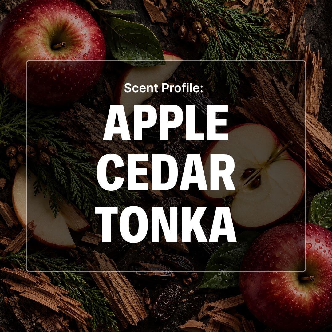 A scent profile graphic reading 'Scent Profile: APPLE CEDAR TONKA' in large white text over a dark background with red apples, sliced apples, evergreen branches, and wood bark.