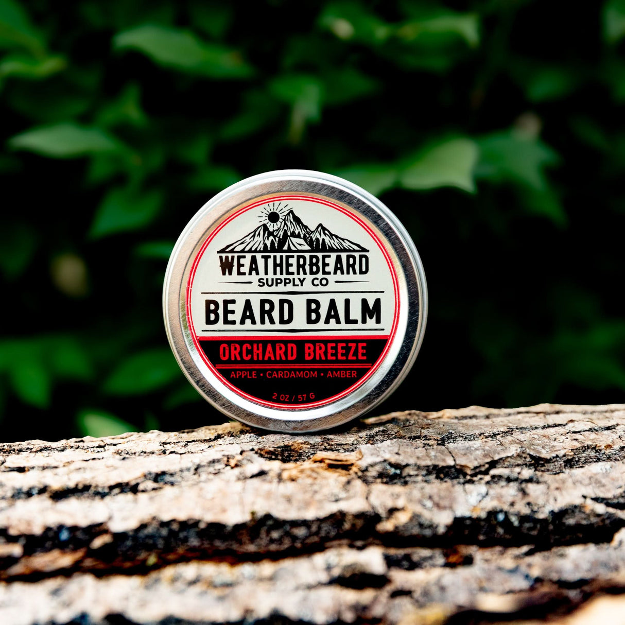 Close up of Weatherbeard Supply Co Beard Balm with notes of apple, cardamom, amber