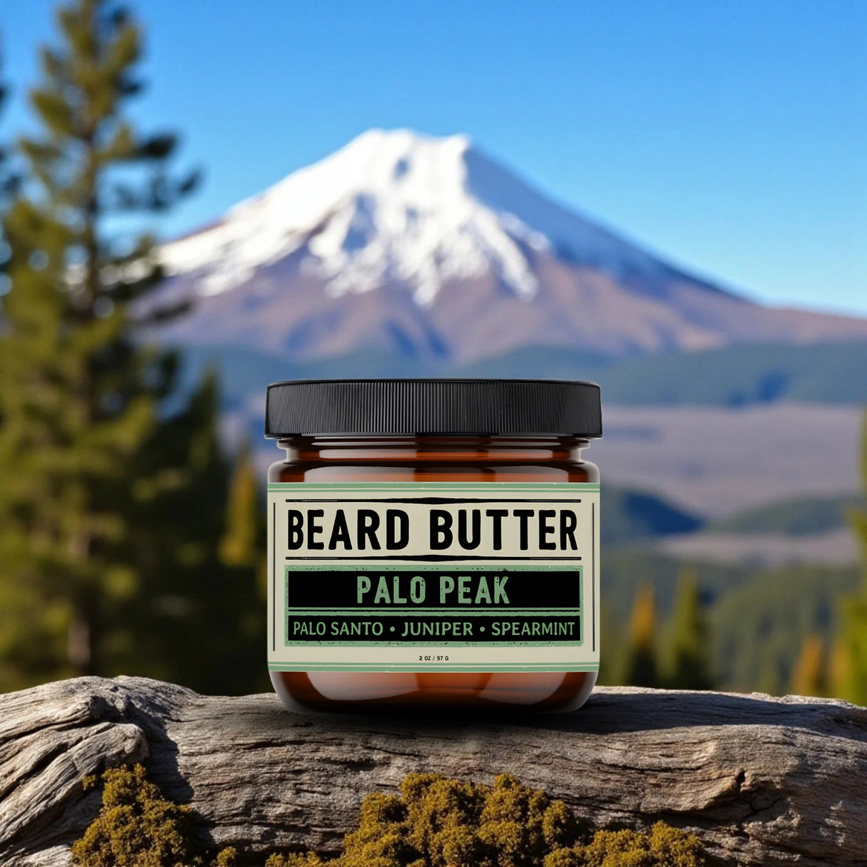Jar of beard butter labeled 'Palo Peak' with a mountain in the background