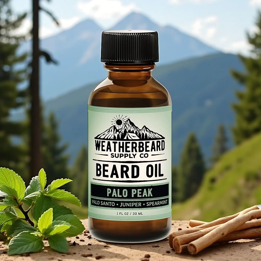 Bottle of Weatherbeard Supply Co. Palo Peak Beard Oil with a mountainous background