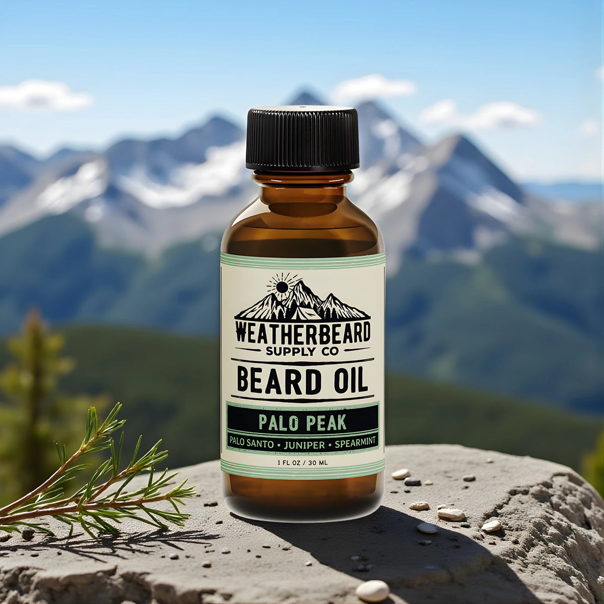 Bottle of Weatherbeard Supply Co. Palo Peak beard oil with a mountainous landscape in the background