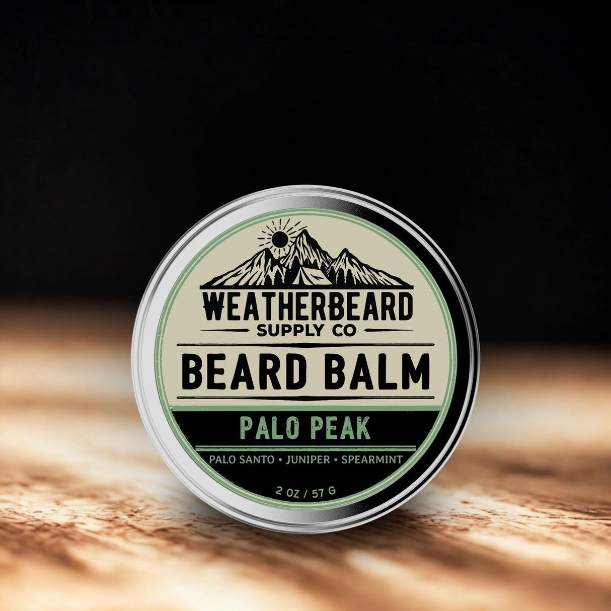 Beard balm container with 'Weatherbeard Supply Co' branding on a wooden surface.