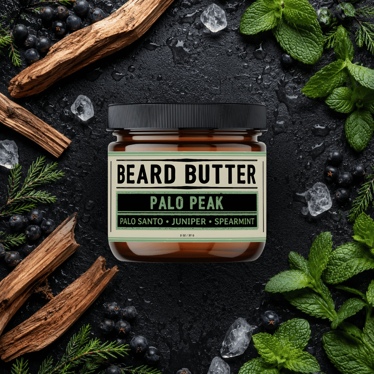 Jar of 'Beard Butter Palo Peak' surrounded by natural ingredients on a dark background
