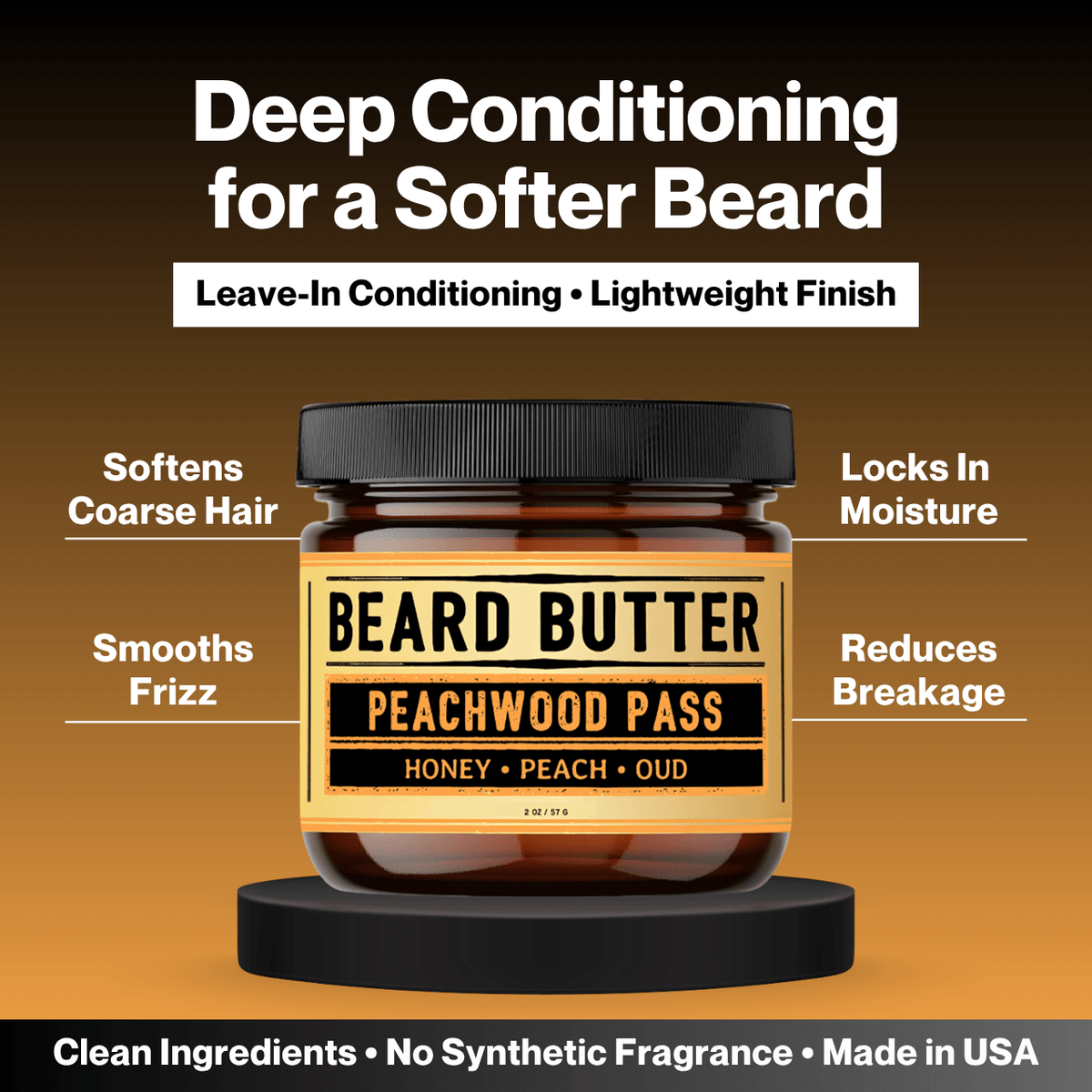 An amber jar of Beard Butter Peachwood Pass leave-in conditioning hair product displayed on a black pedestal against a dark gradient background. Text callouts around the jar describe benefits: softens coarse hair, locks in moisture, smooths frizz, and reduces breakage.