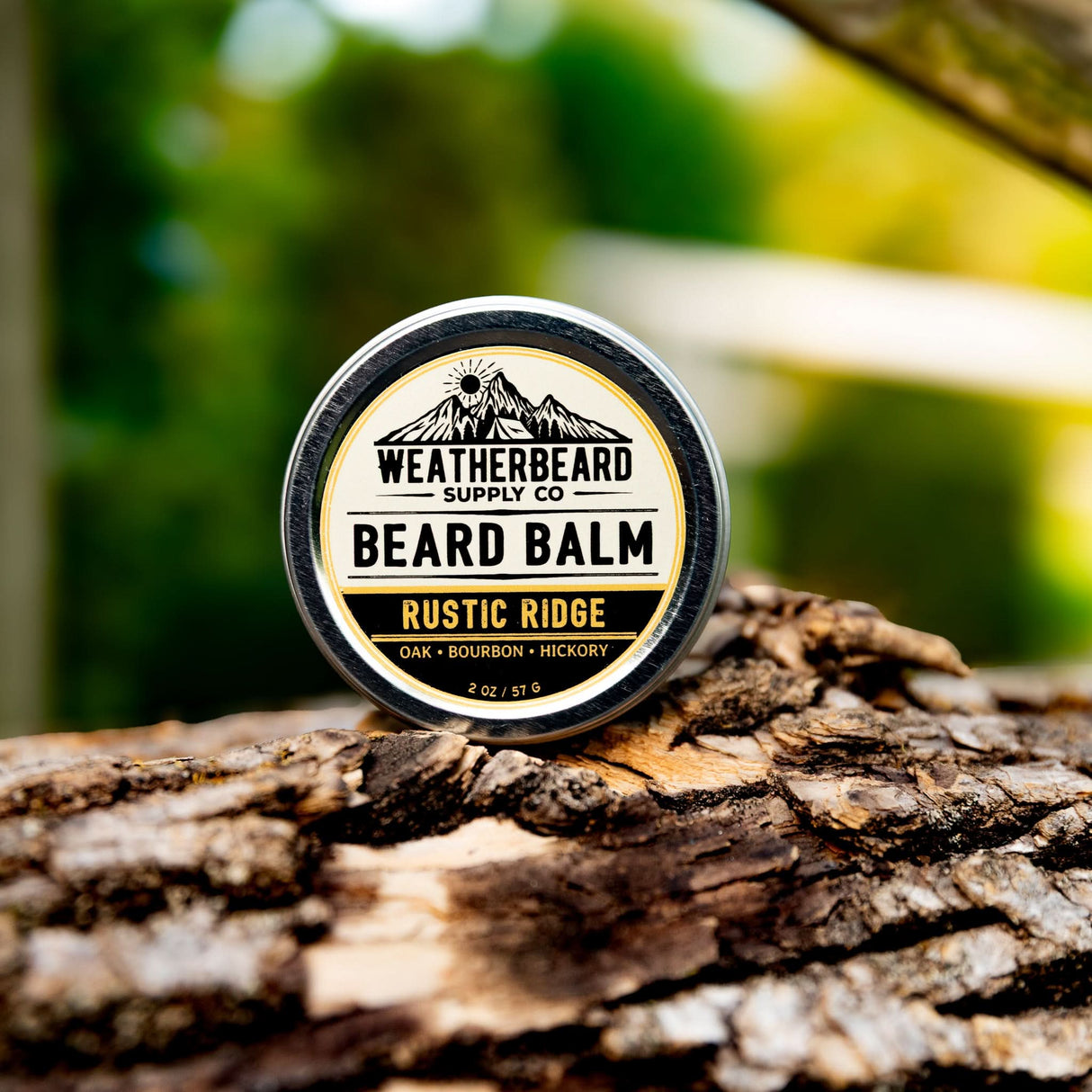 Close up of Weatherbeard Supply Co Rustic Ridge Beard Balm sitting outside in nature