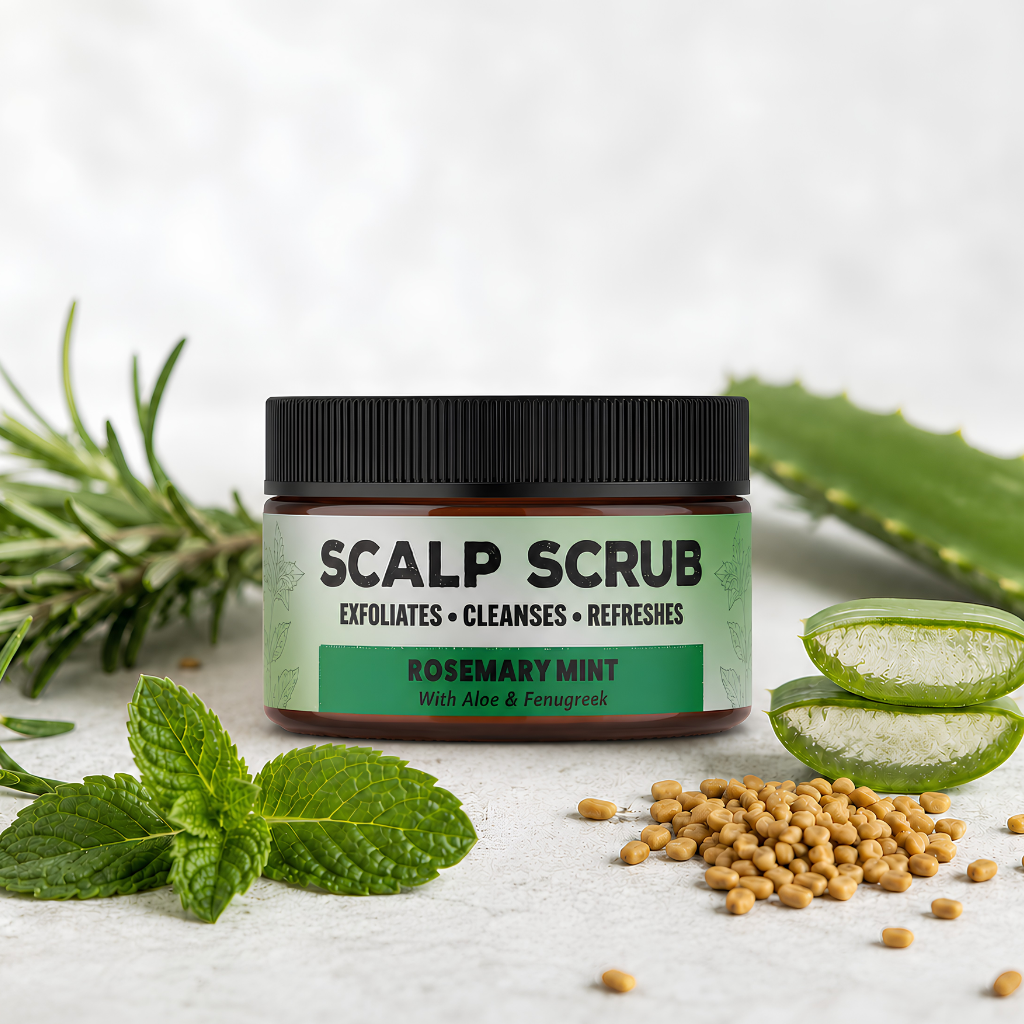 A jar of Scalp Scrub Rosemary Mint exfoliating scalp scrub, styled with fresh rosemary, mint leaves, aloe vera slices, and fenugreek seeds on a light textured background.