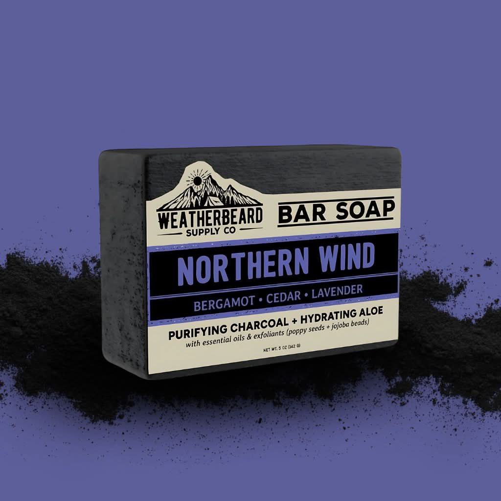 Bar soap with 'Northern Wind' label on a dark background