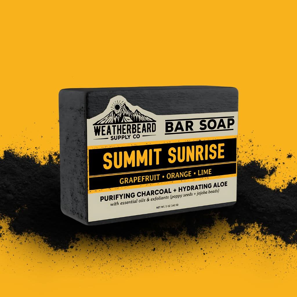 Bar soap with 'Summit Sunrise' scent on a yellow background