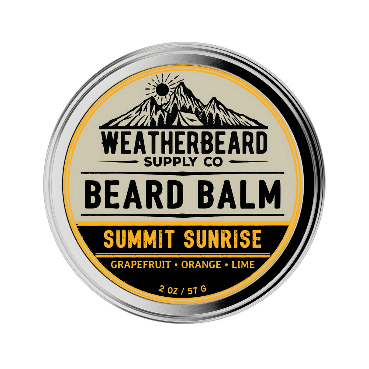 Tin of Weatherbeard Supply Co Summit Sunrise Beard Balm against a white background