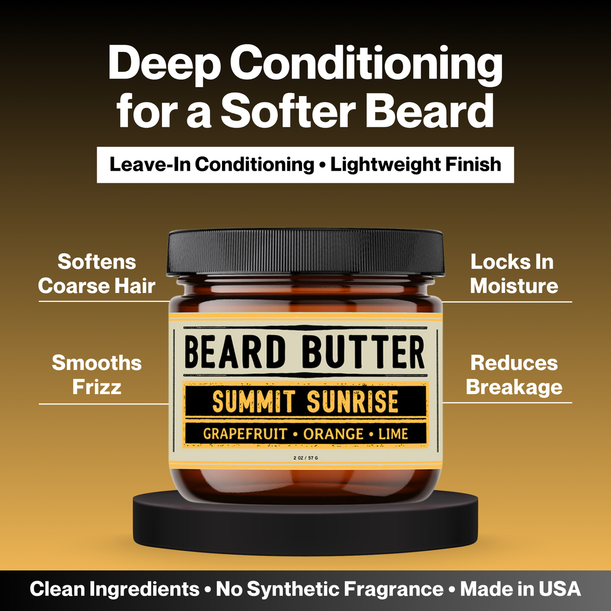Jar of Summit Sunrise beard butter with text highlighting its benefits on a gradient background