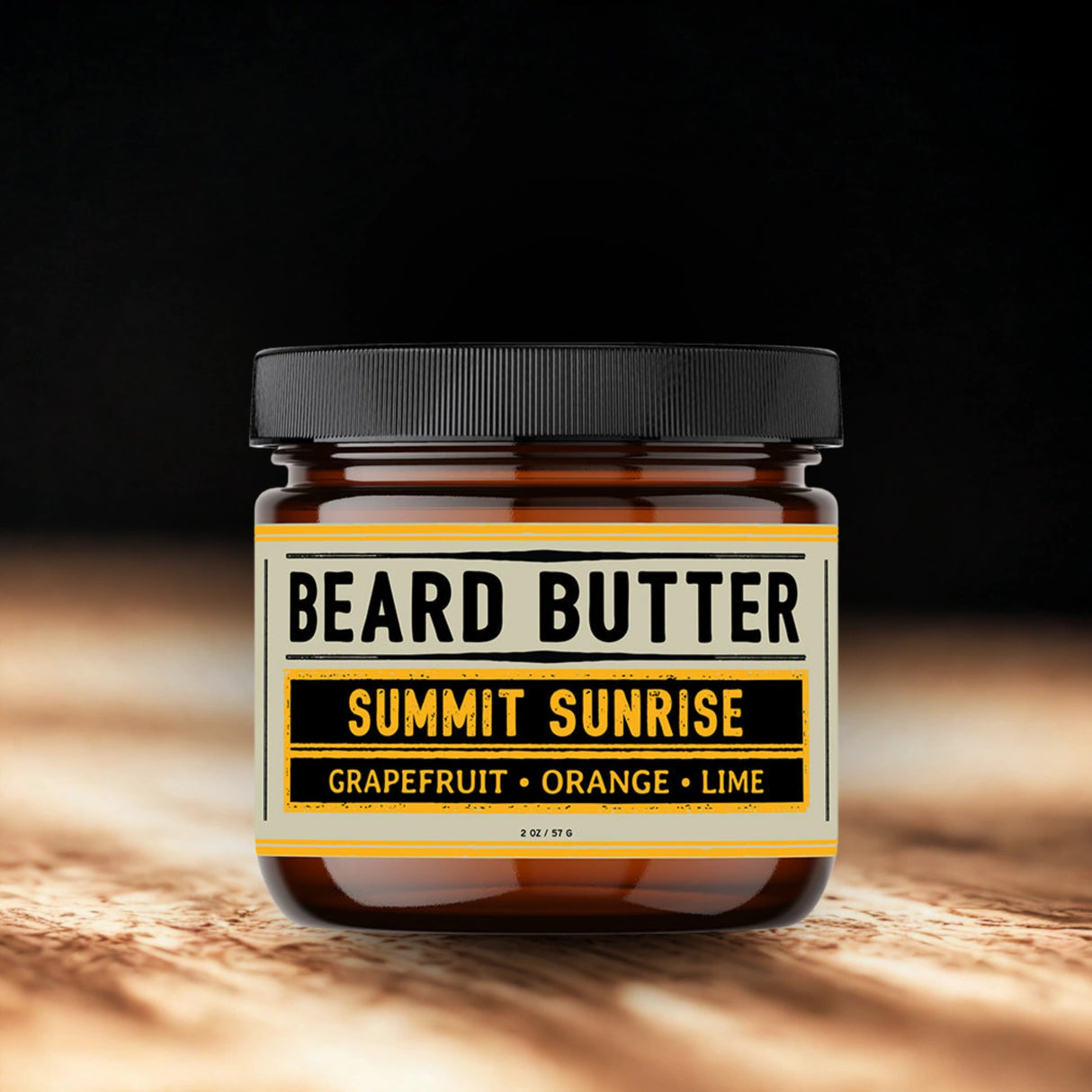 Jar of beard butter labeled 'Summit Sunrise' with a dark background