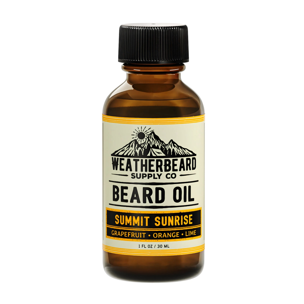 Bottle of Weatherbeard Supply Co. Summit Sunrise beard oil on a white background