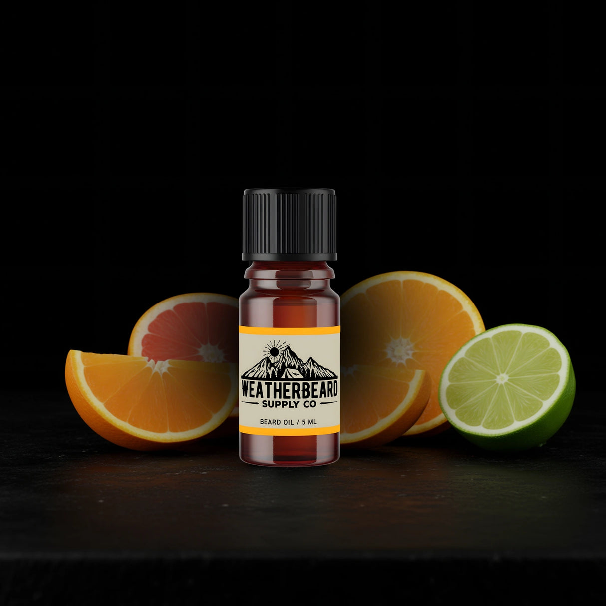 Bottle of Weatherbeard Supply Co. beard oil with oranges and a lime on a dark background