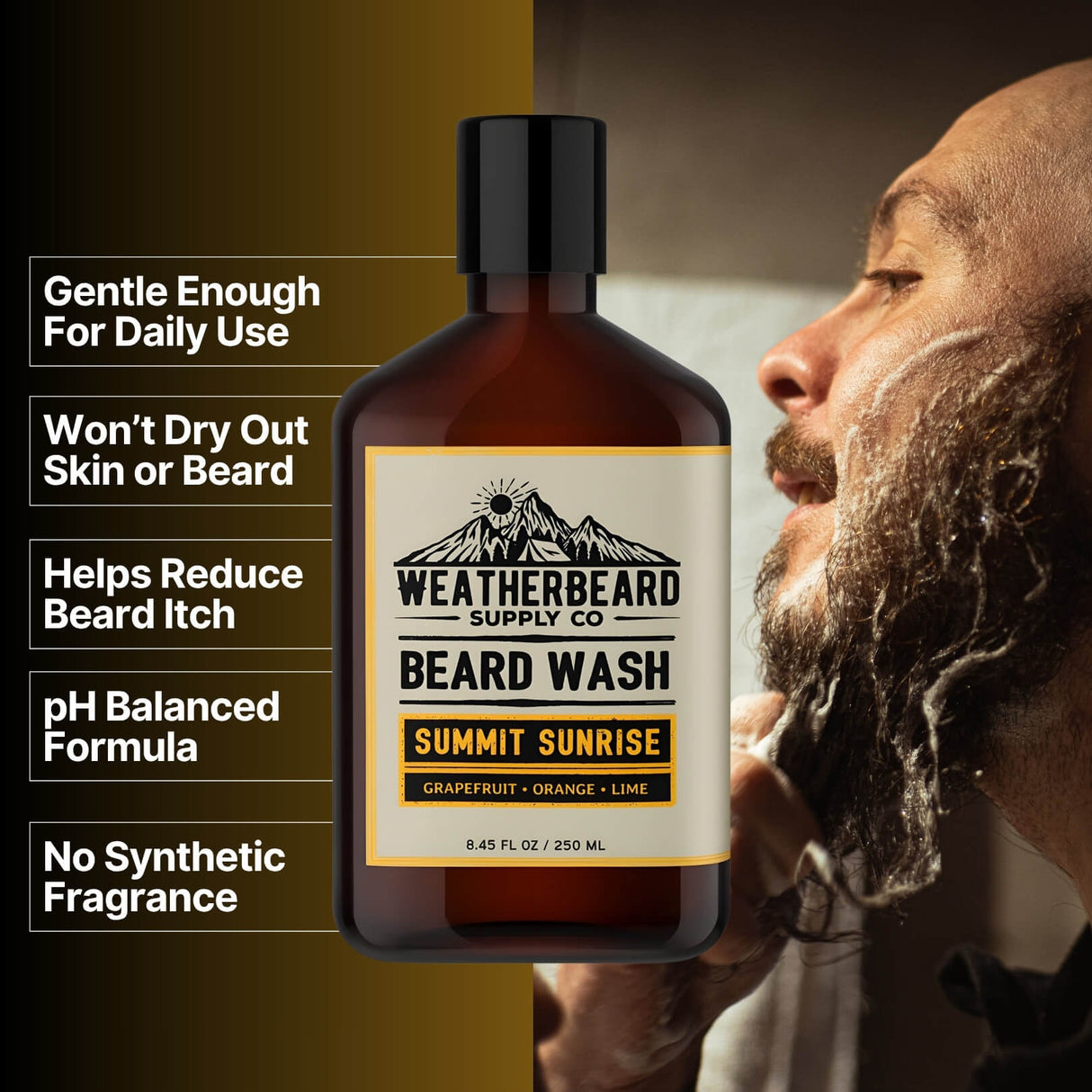 Bottle of Weatherbeard Supply Co's Summit Sunrise Beard Wash with benefits listed beside it