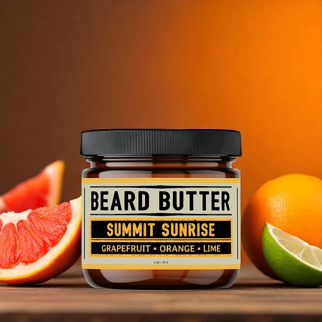 Jar of 'Summit Sunrise' beard butter with grapefruit, orange, and lime slices on a wooden surface.
