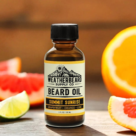 Bottle of Weatherbeard Supply Co. beard oil with citrus fruits on a wooden surface
