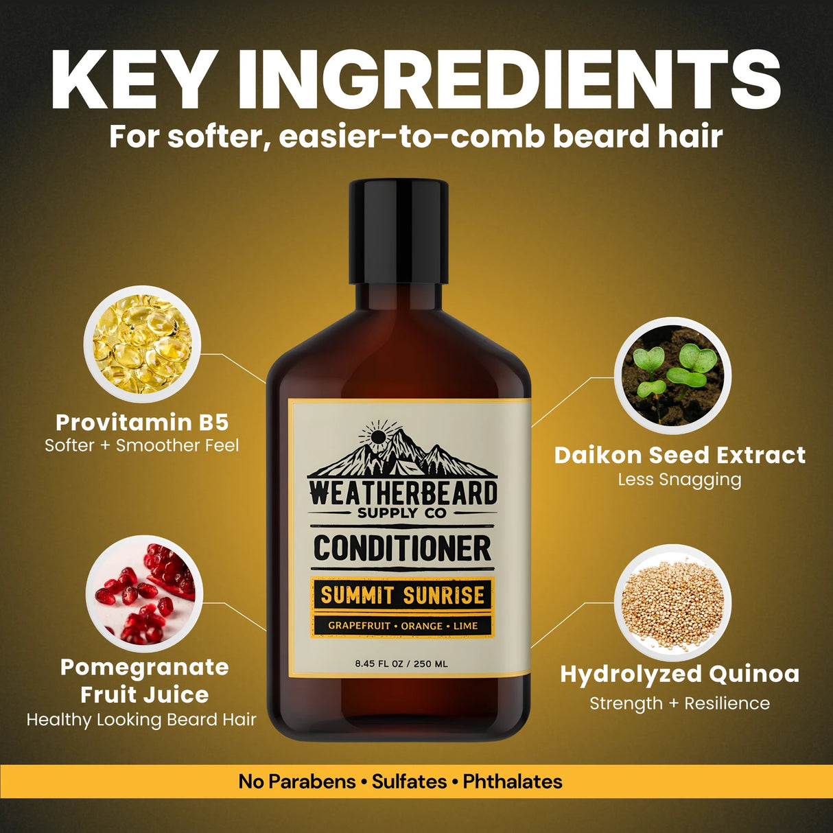 Bottle of Weatherbeard Supply Co Summit Sunrise Beard Conditioner with highlights featured