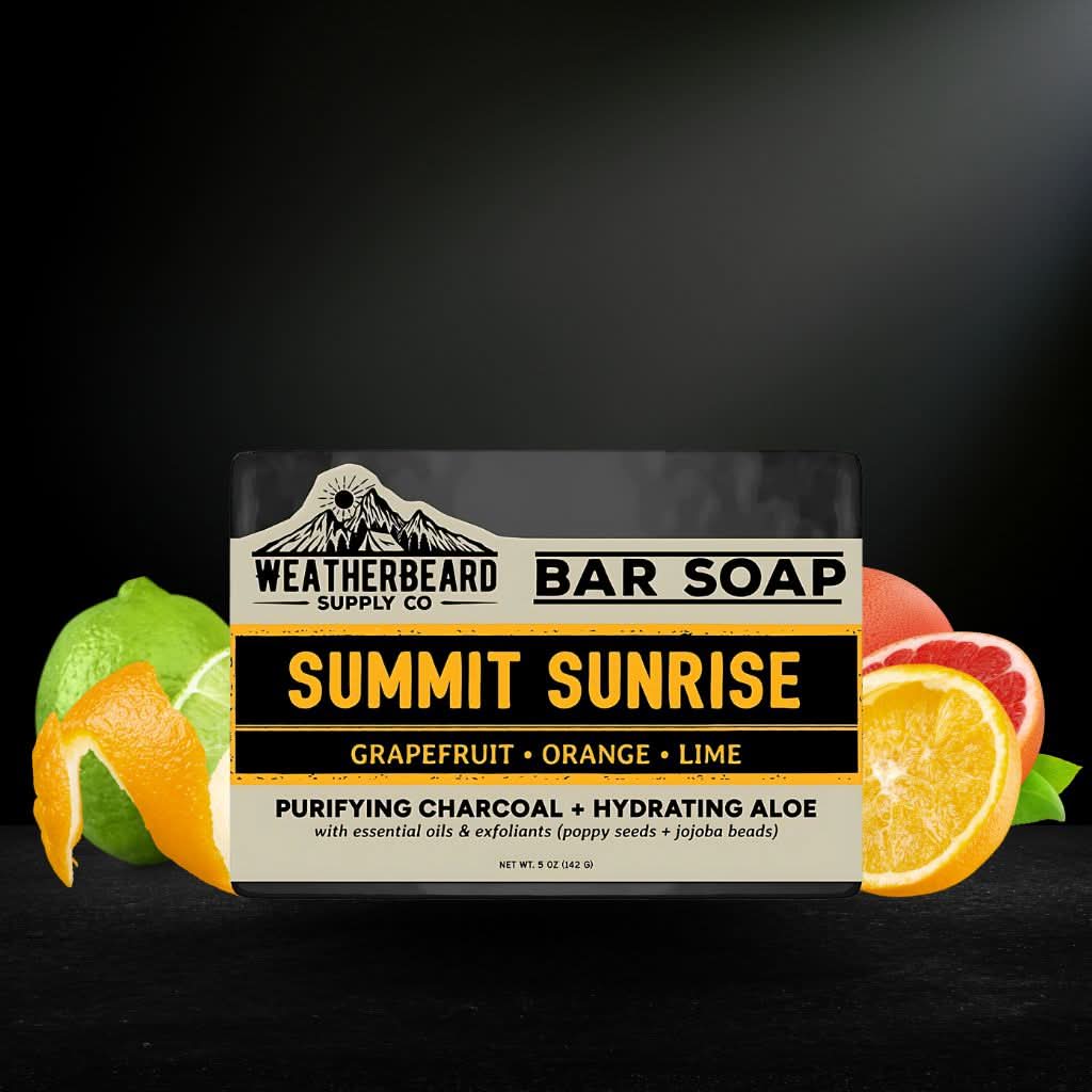 Bar soap packaging labeled 'Summit Sunrise' with citrus fruits on a dark background
