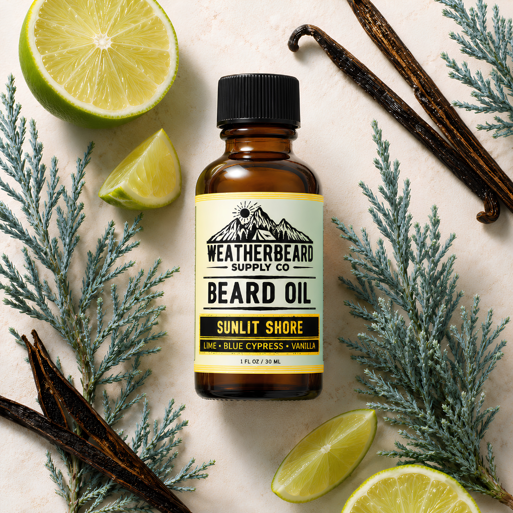 A bottle of Weatherbeard Supply Co's Sunlit Shore Beard Oil surrounded by lime, blue cypress, and vanilla