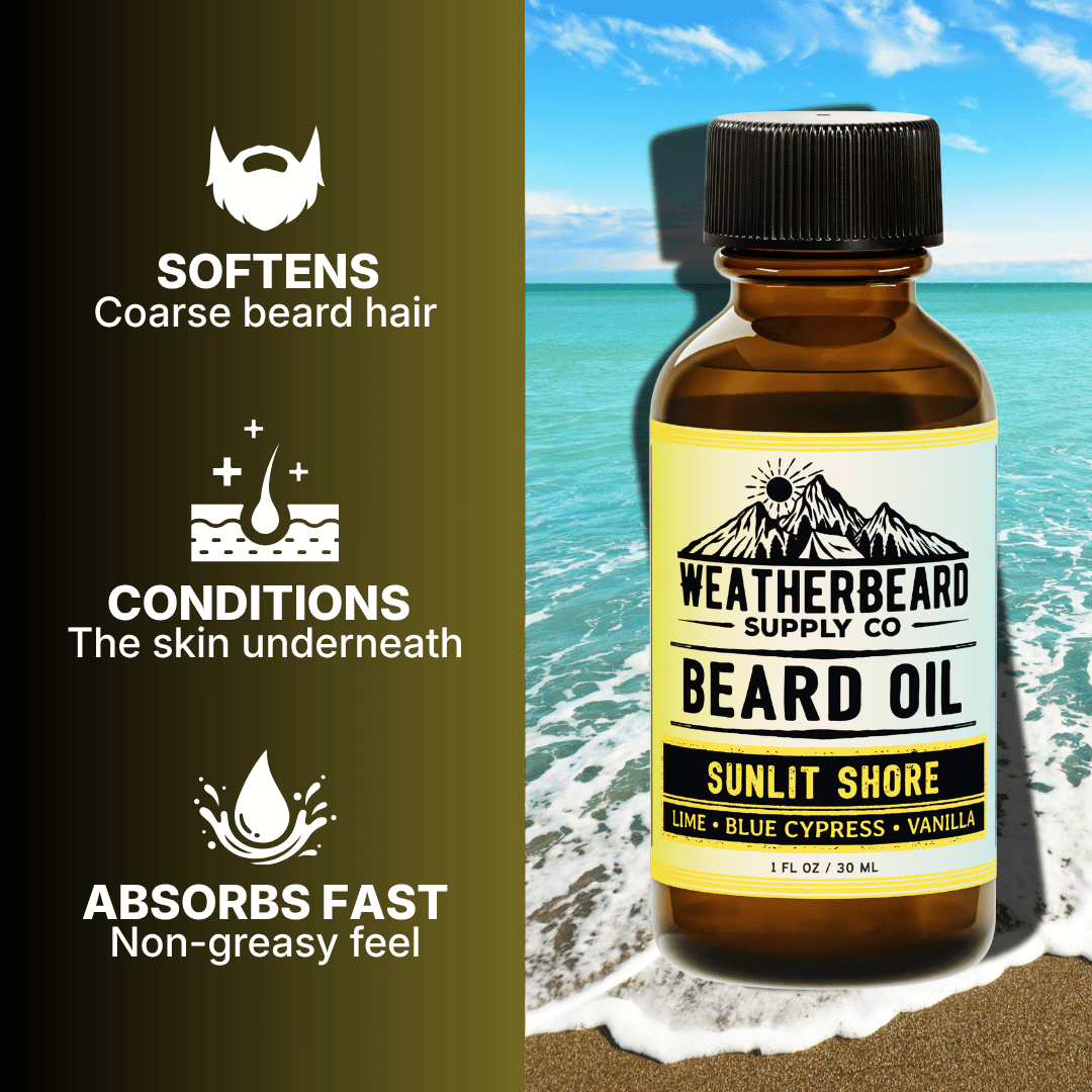 Bottle of Weatherbeard Supply Co's Sunlit Shore Limited Edition Beard Oil with product benefits listed