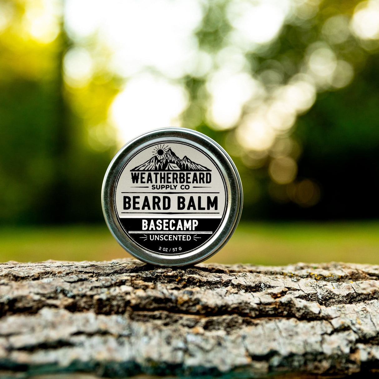 A close up of Weatherbeard Supply Co's unscented Beard Balm sitting outside in nature