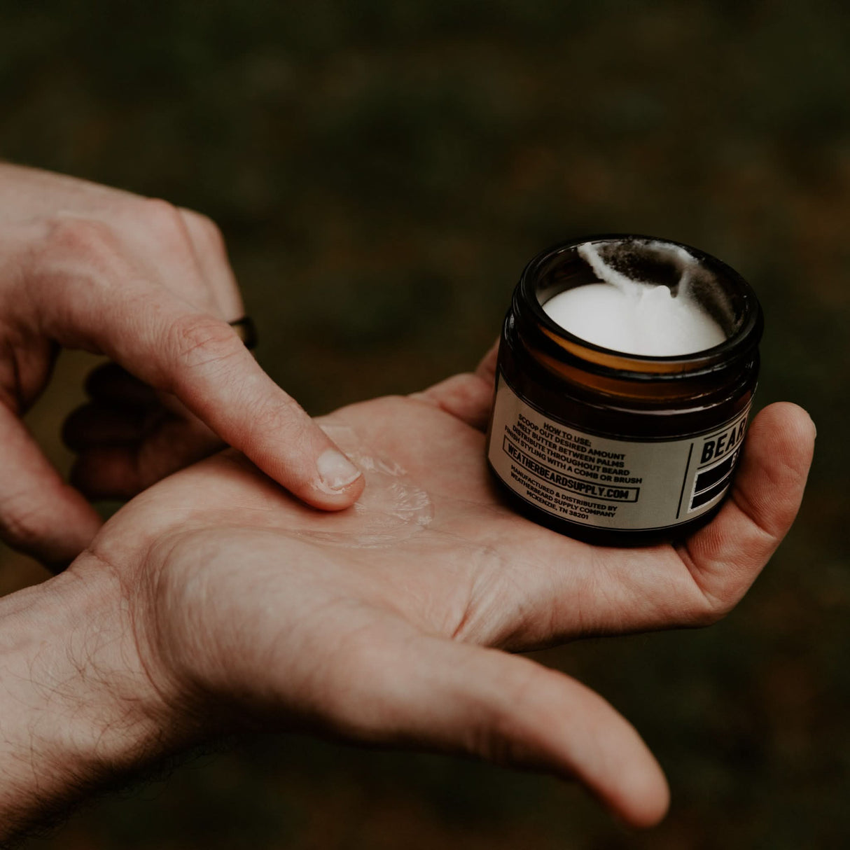 Person using Bascamp all natural unscented Beard Butter from Weatherbeard Supply Co