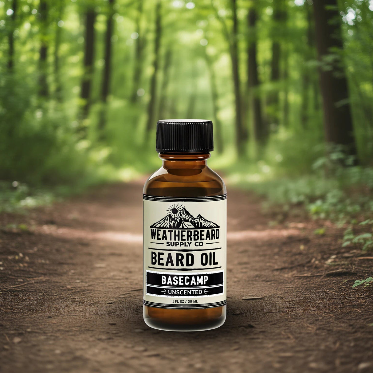 Bottle of Weatherbeard Supply Co. Unscented Beard Oil on a forest path