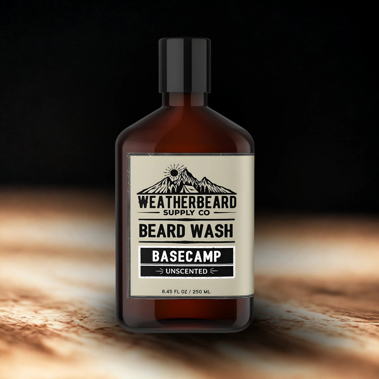 Bottle of Unscented Weatherbeard Supply Co. Beard Wash on a dark background