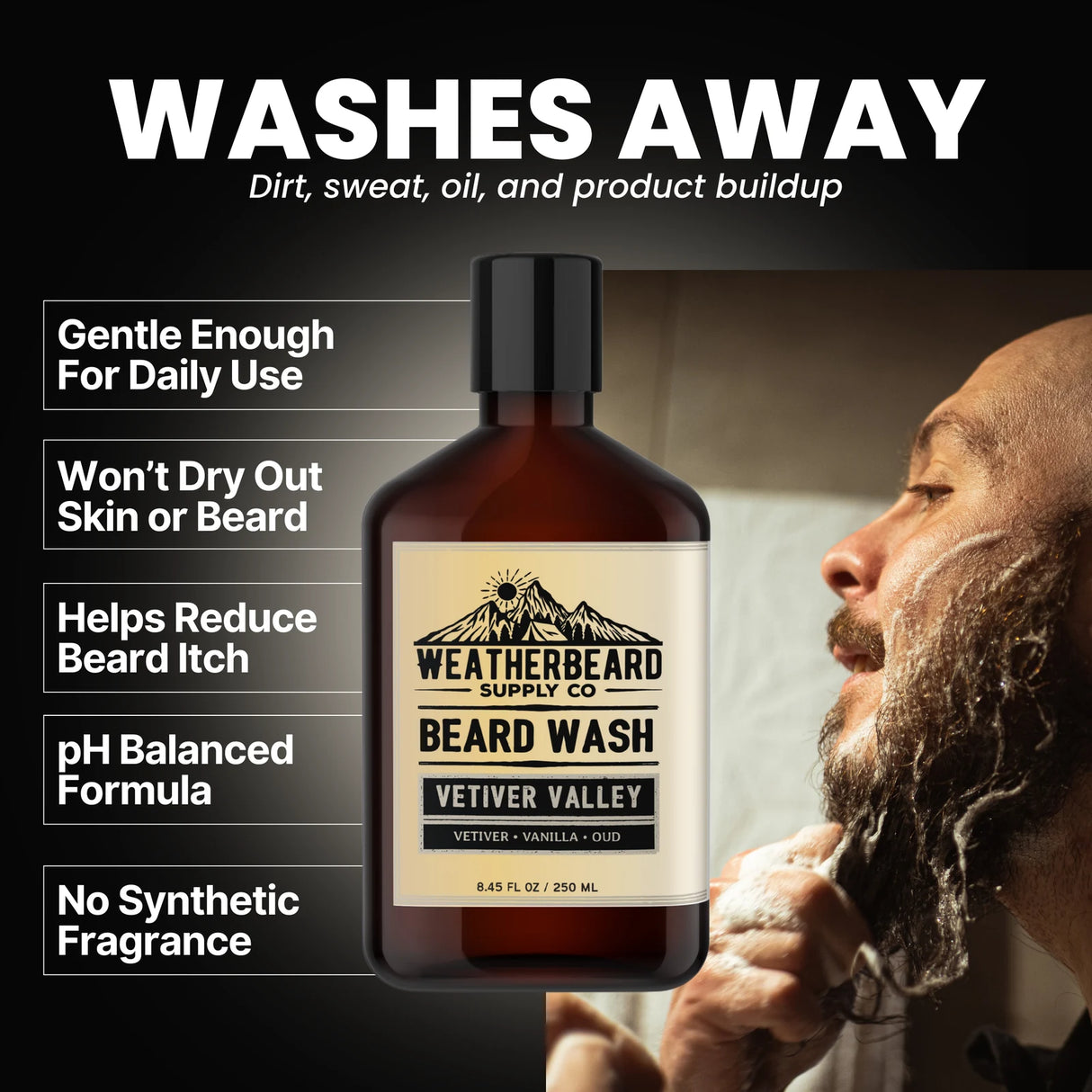 Beard wash bottle with a man washing his beard, labeled 'Weatherbeard Supply Co.'