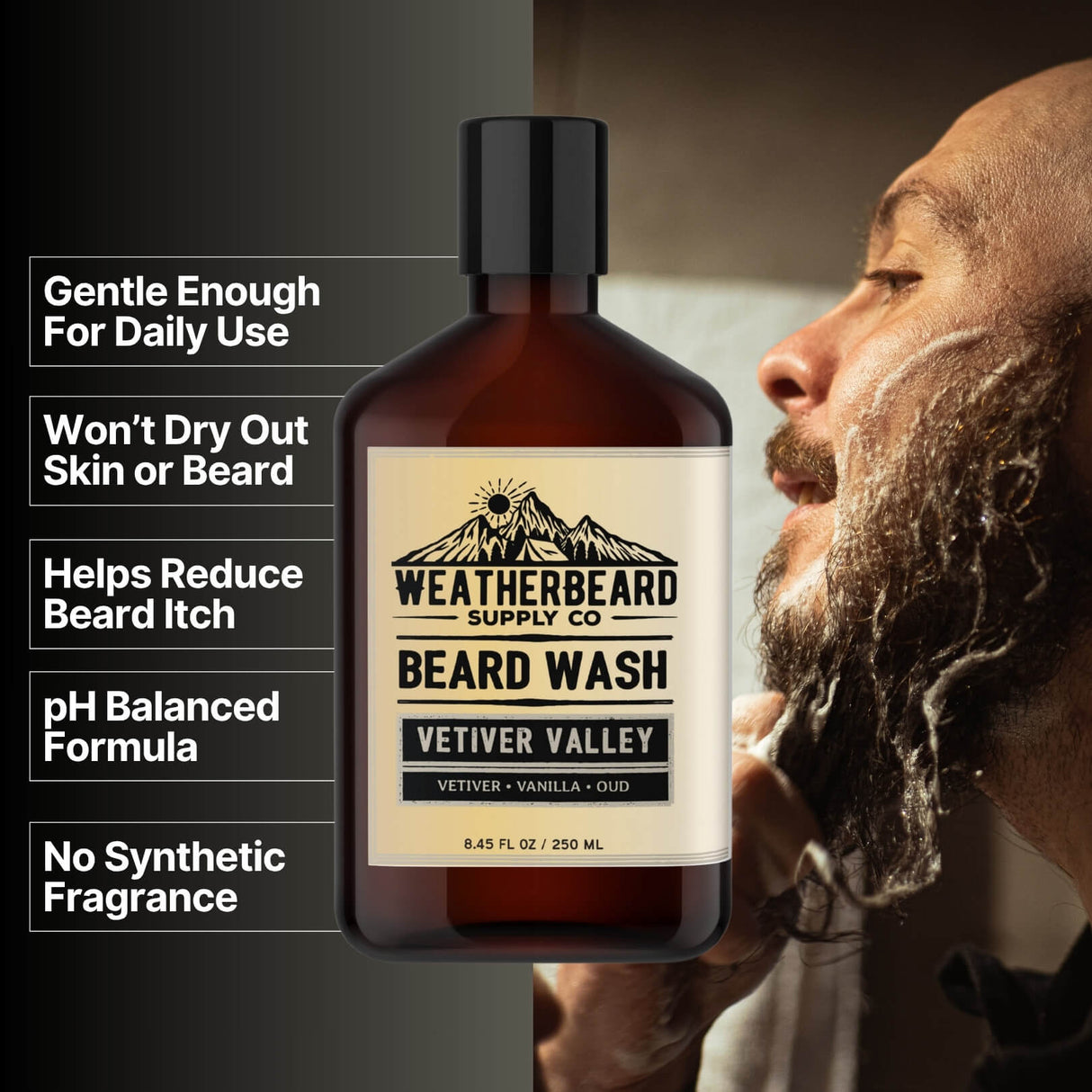 Bottle of Weatherbeard Supply Co's Vetiver Valley Beard Wash with benefits listed beside it