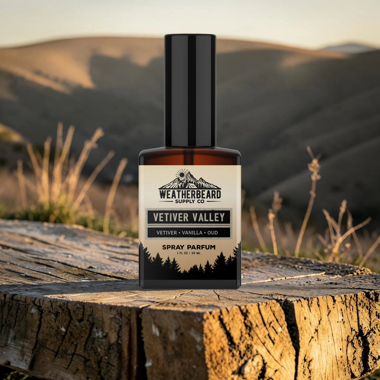 Bottle of Weatherbeard Supply Co's Vetiver Valley Spray Parfum on a wooden tree stump