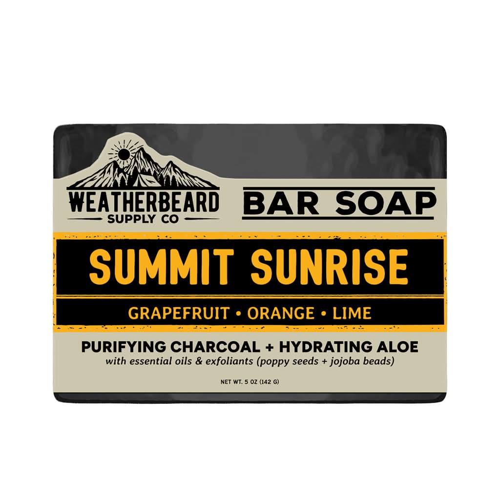 Bar of soap with 'Summit Sunrise' scent from Weatherbeard Supply Co on a white background