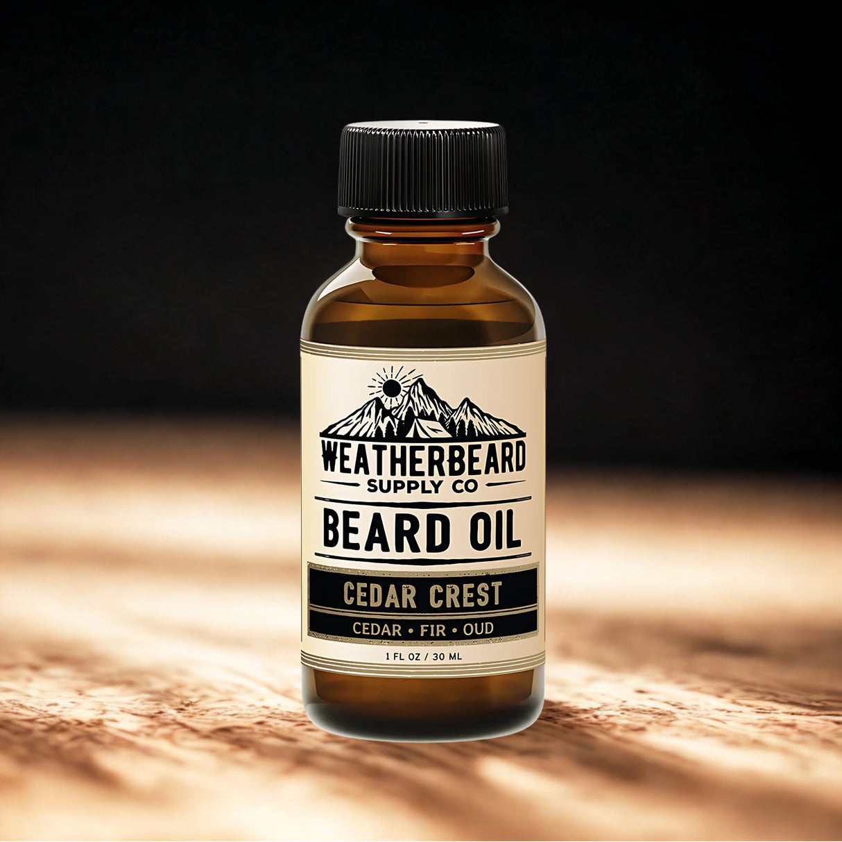Bottle of Weatherbeard Supply Co. Cedar Crest Beard Oil on a wooden surface with a dark background