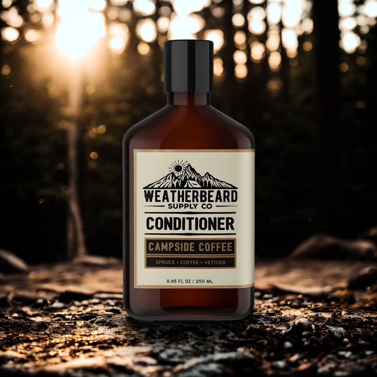 Bottle of Weatherbeard Supply Co. Campside Coffee Conditioner against a natural background