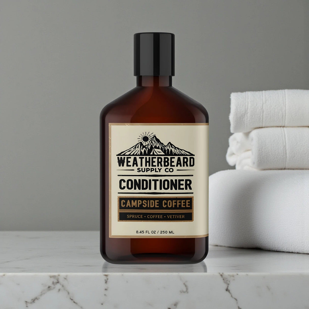 Bottle of Weatherbeard Supply Co. coffee scented beard conditioner on a marble surface.